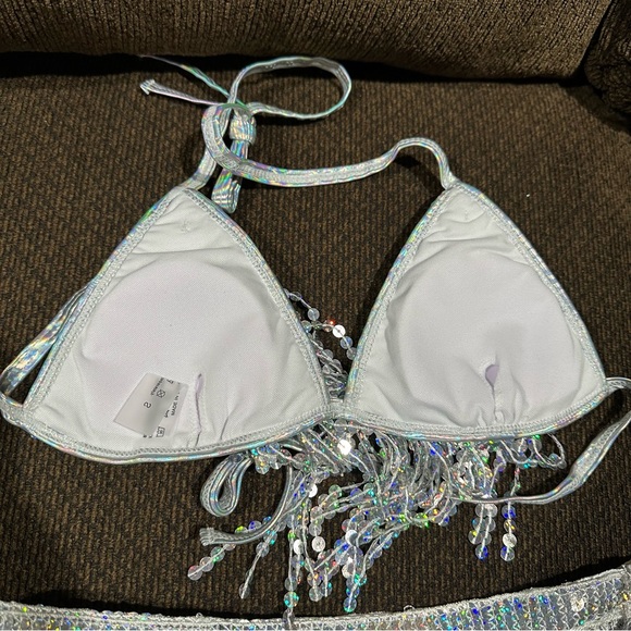 Silver fringe bathing suit with cover up skirt. Size Small. 3 pieces. Brand new! - Picture 2 of 5